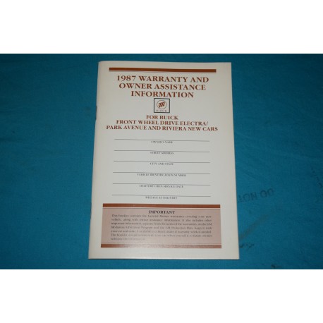1987 Buick Owner Warranty book NOS
