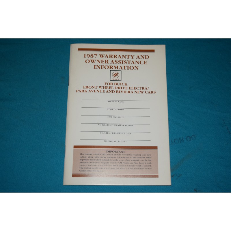 Original 1987 Buick Owner Protection plan / Warranty book