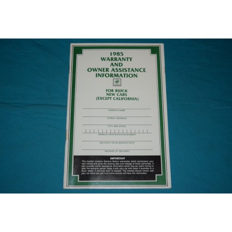1985 Buick Owner Warranty book NOS