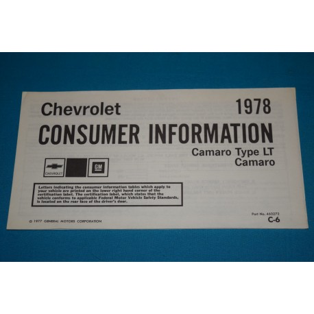 1978 Camaro Consumer Information
