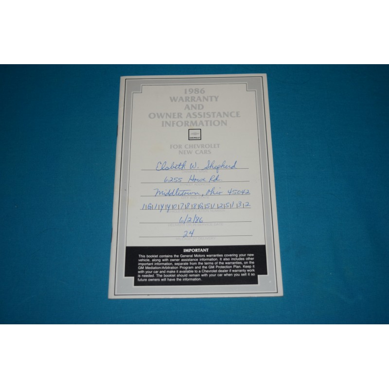 Bishko Autobooks 1986 Chevrolet Corvette Owners Manual – Genuine GM – 129 Pages, Bound