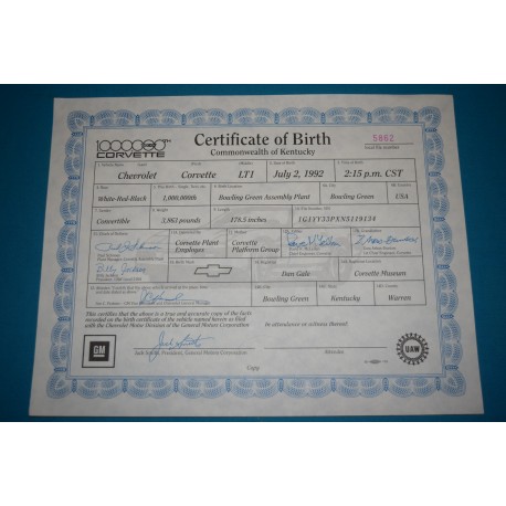 1992 1,000,000 Corvette Birth Certificate