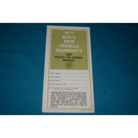 1971 Buick Owner Warranty book NOS