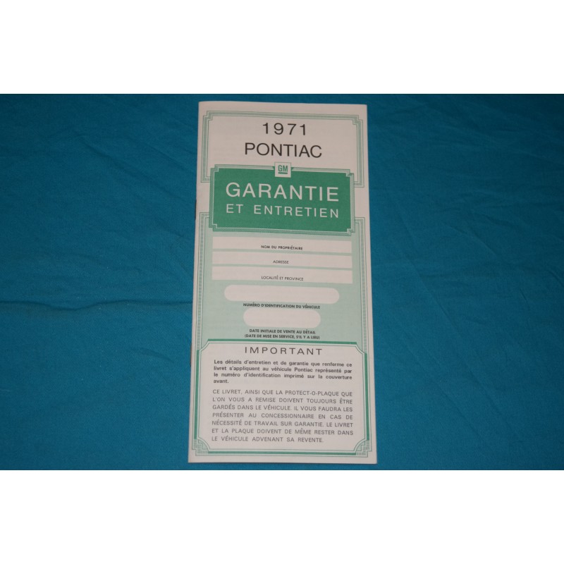 Original 1971 Pontiac Vehicle Warranty / Owner Protection Policy